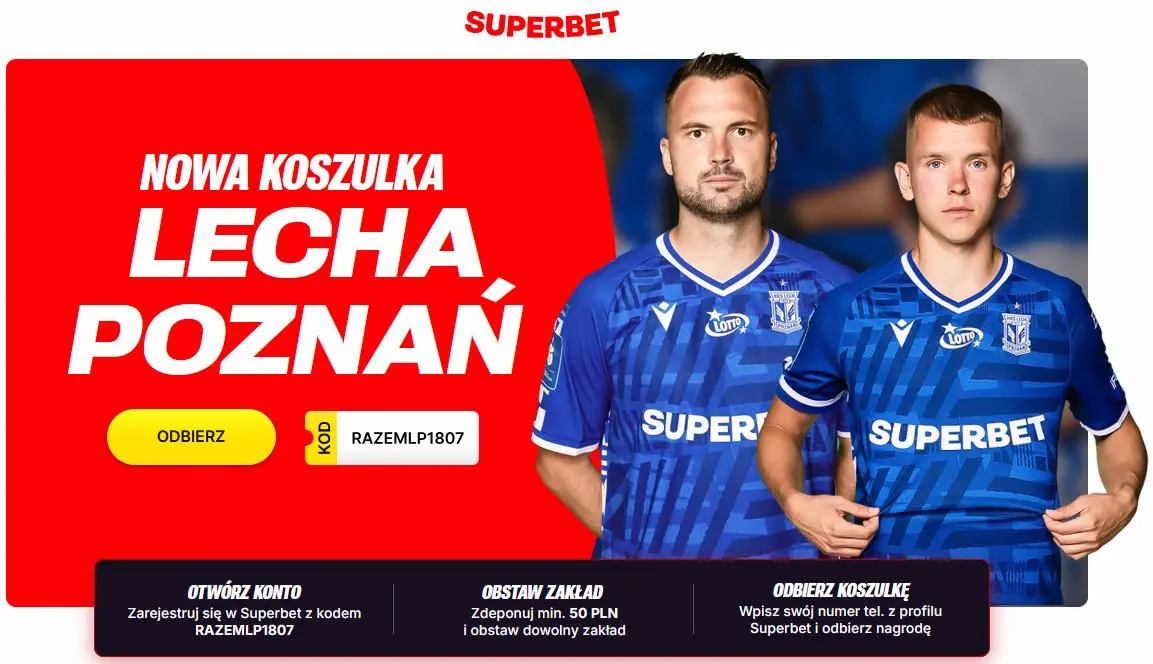 Postaw zakład za 50 zł i zgarnij koszulkę Lecha Poznań. Superbet i Żabka łączą siły